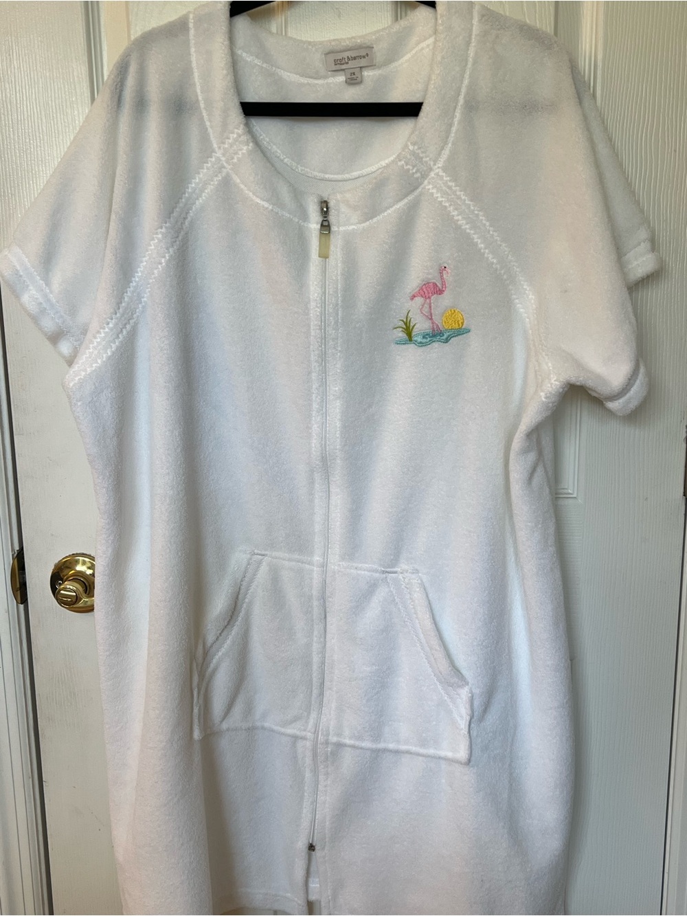 Croft & Barrow Terry Cloth White Front Zip Embroidered Flamingo Swim Cover up 2X